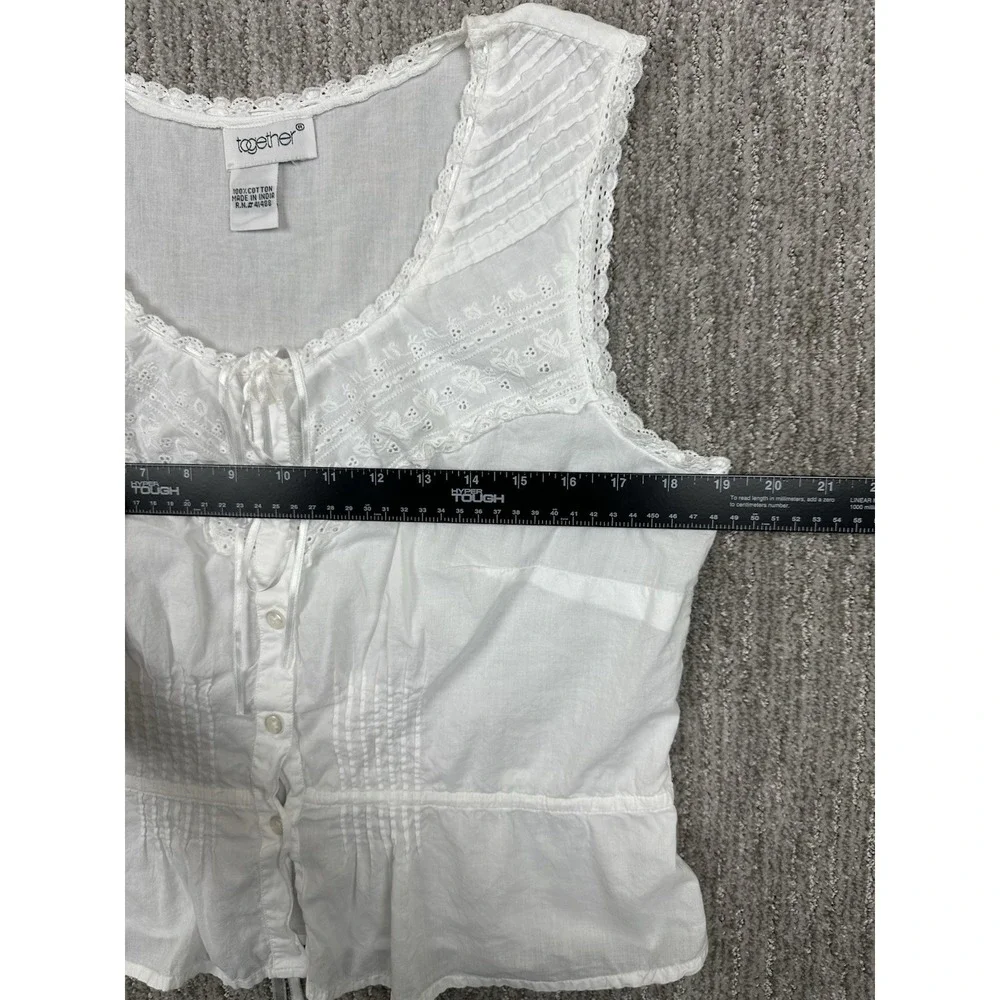 Together Vintage Embroidered Tank Top Large White Floral Boho 90s Dainty Faire